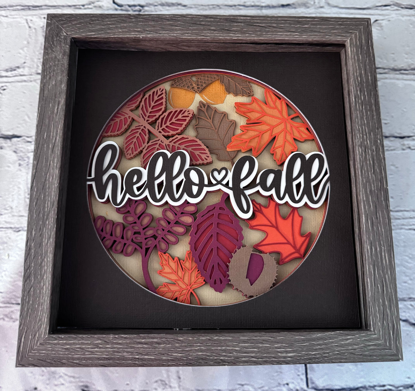 Hello fall leaves and acorns design 3D paper art in a shadowbox