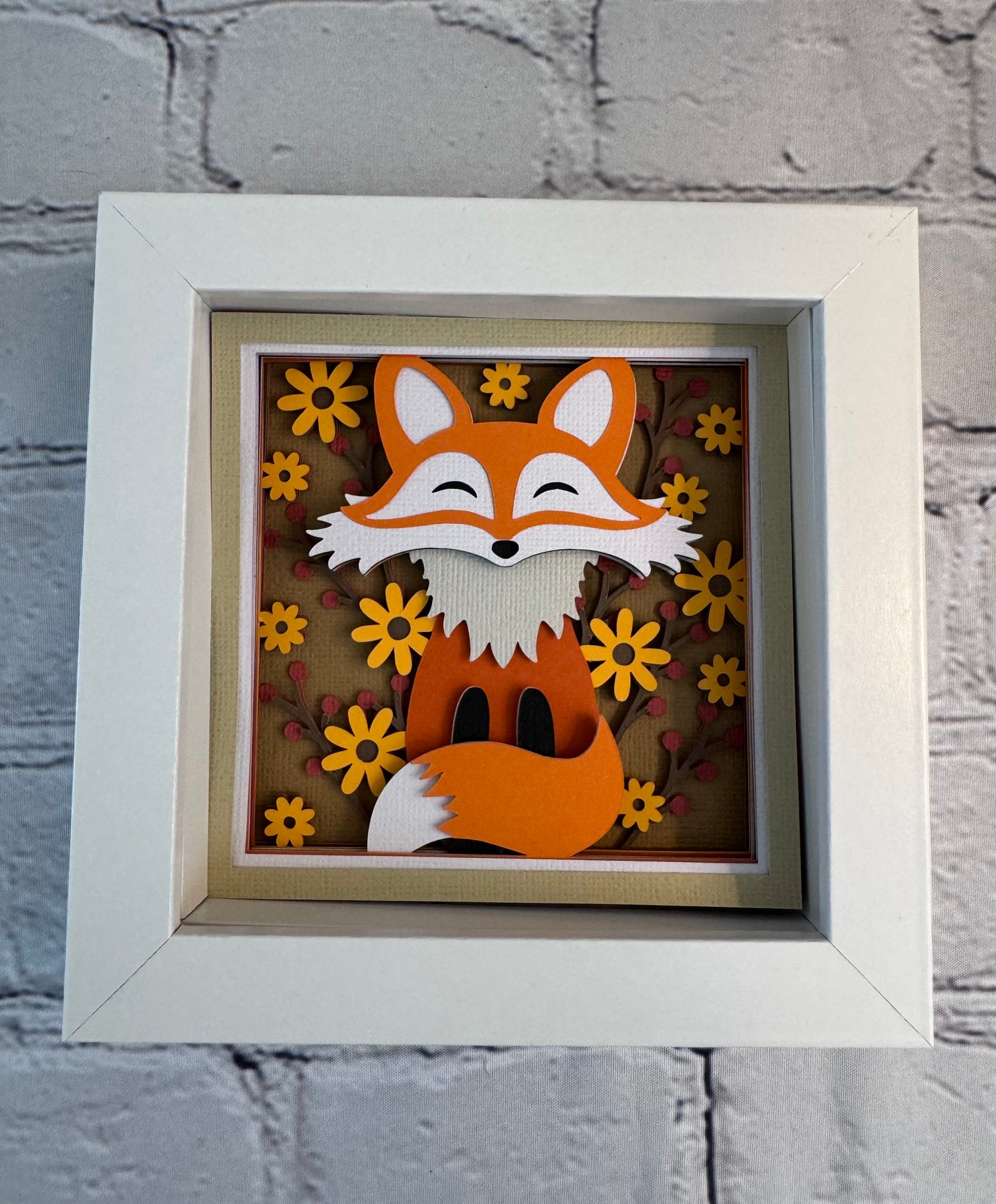 Fall fox mini 3D paper art in a shadowbox