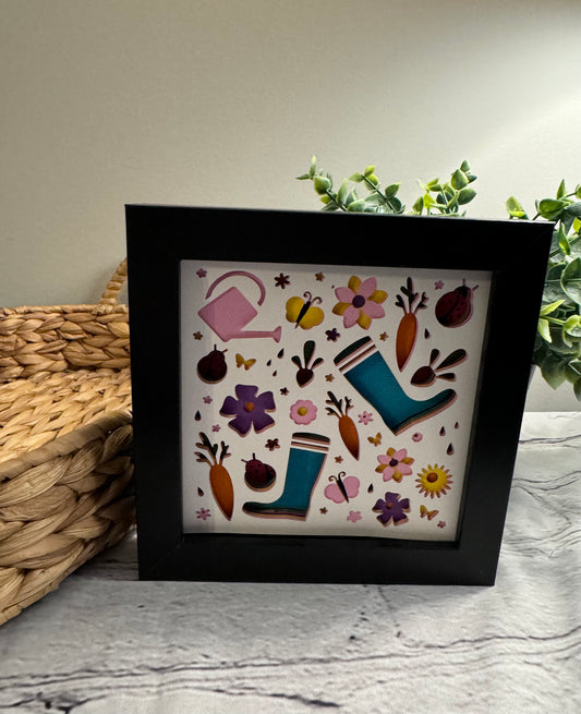 Gardening playful collage scene mini 3D paper art in a shadowbox