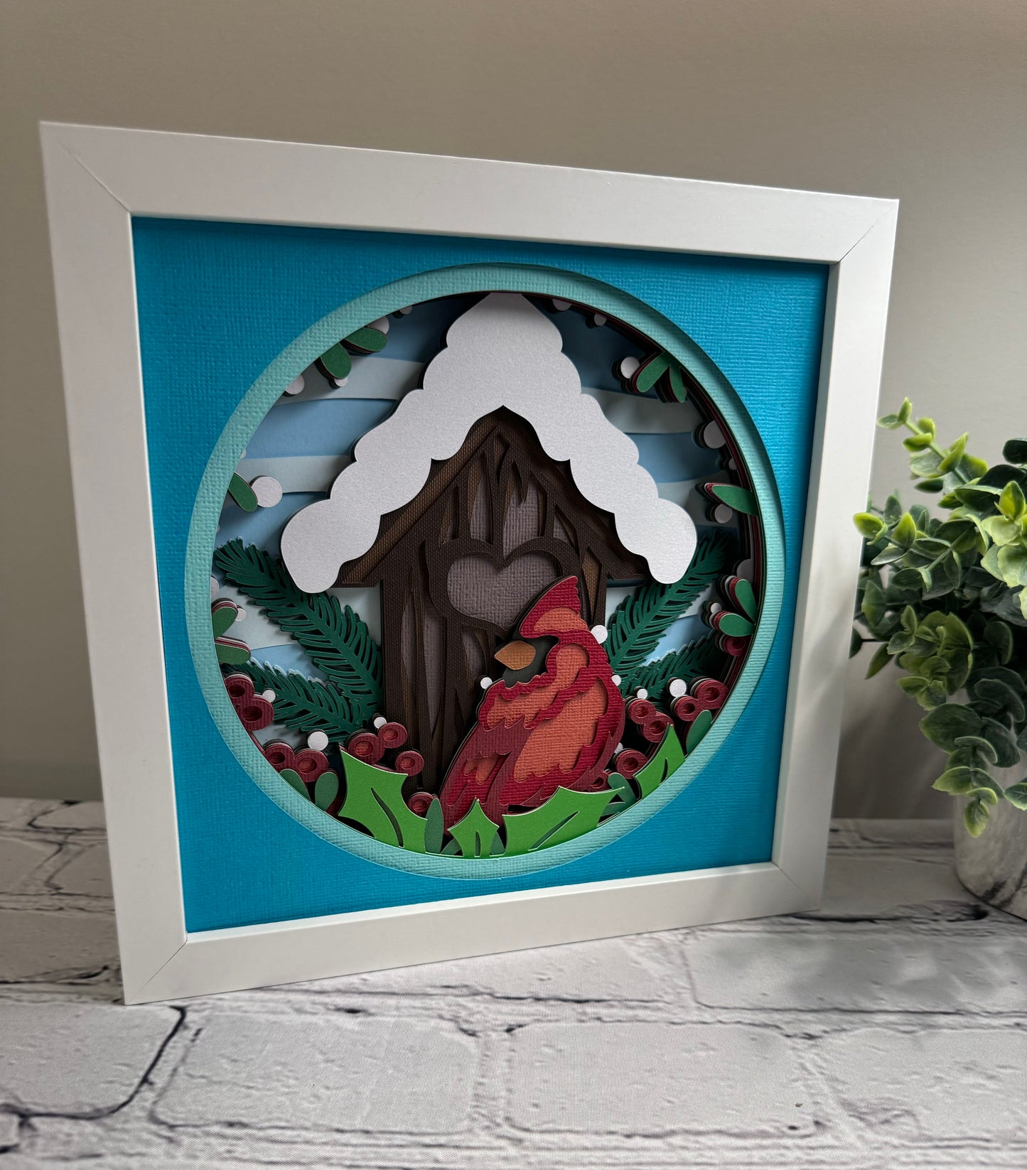 Cardinal with snowy birdhouse 3D paper art shadowbox