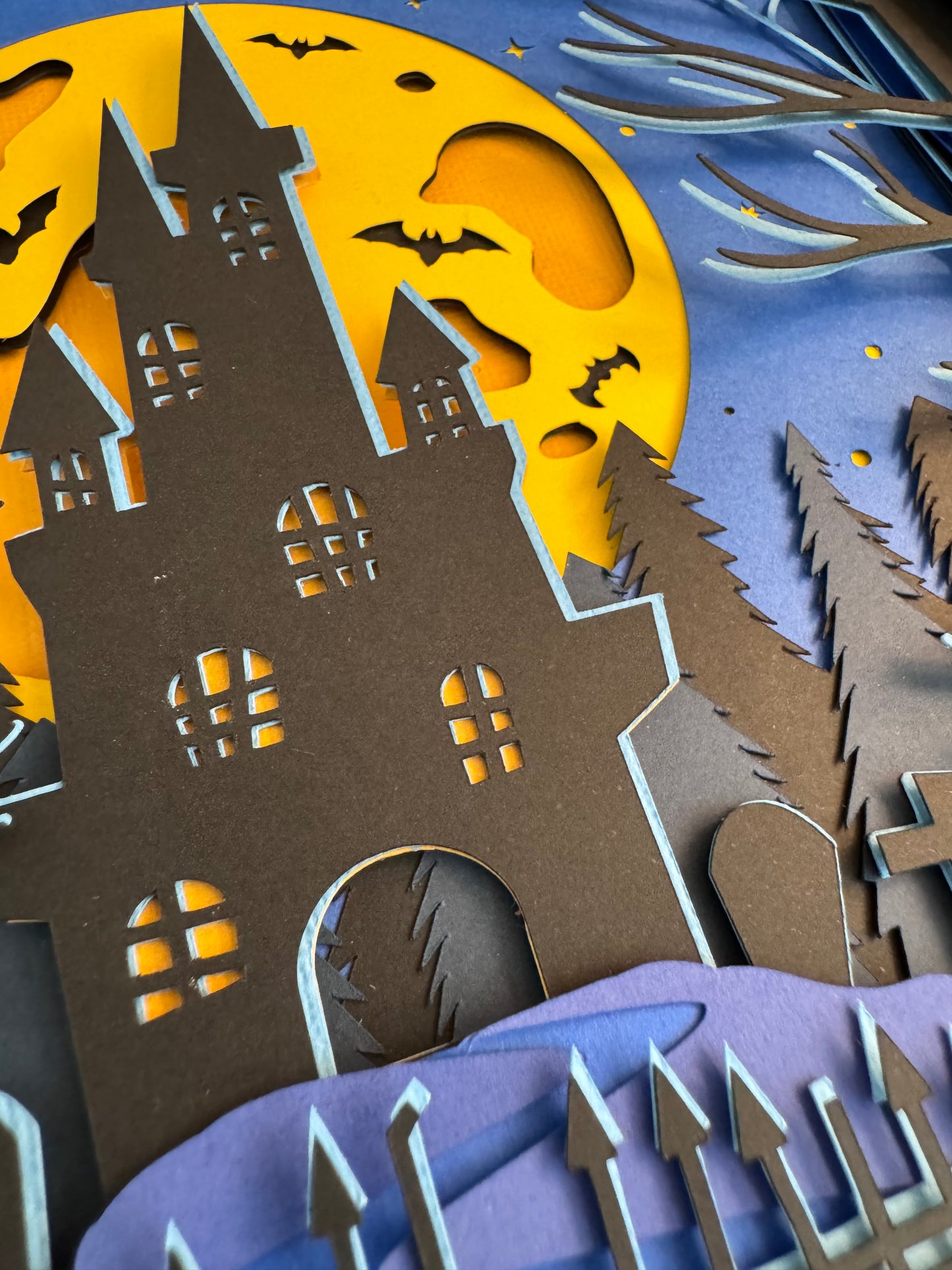 Halloween haunted house 3D paper art in a shadowbox