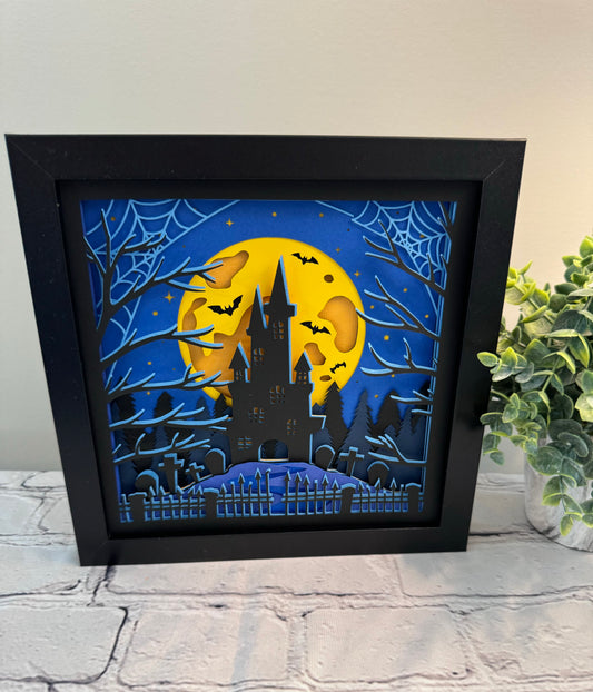 Halloween haunted house 3D paper art in a shadowbox