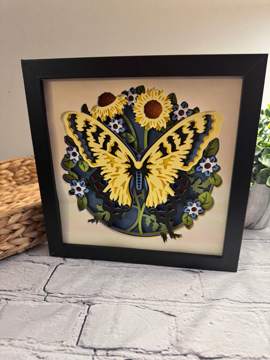 Butterfly solo scene tiger swallowtail butterfly 3D paper art in a shadowbox