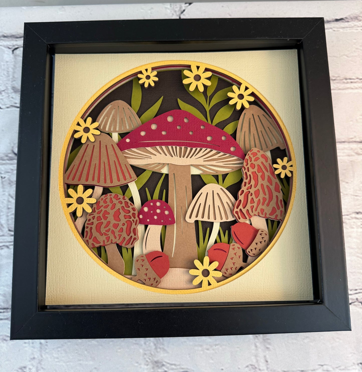 Mushroom fall forest design 3D paper art in a shadowbox