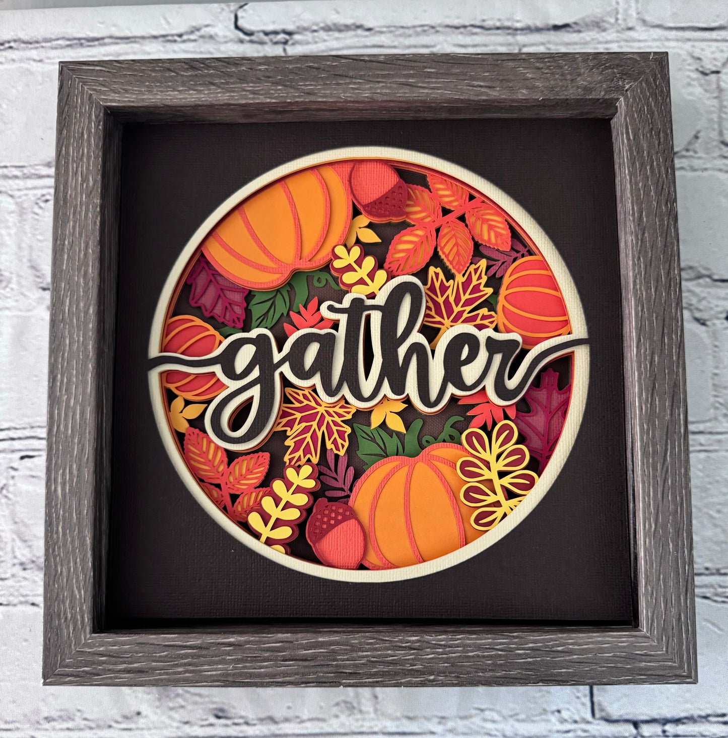 Gather fall leaves and pumpkins design 3D paper art in a shadowbox