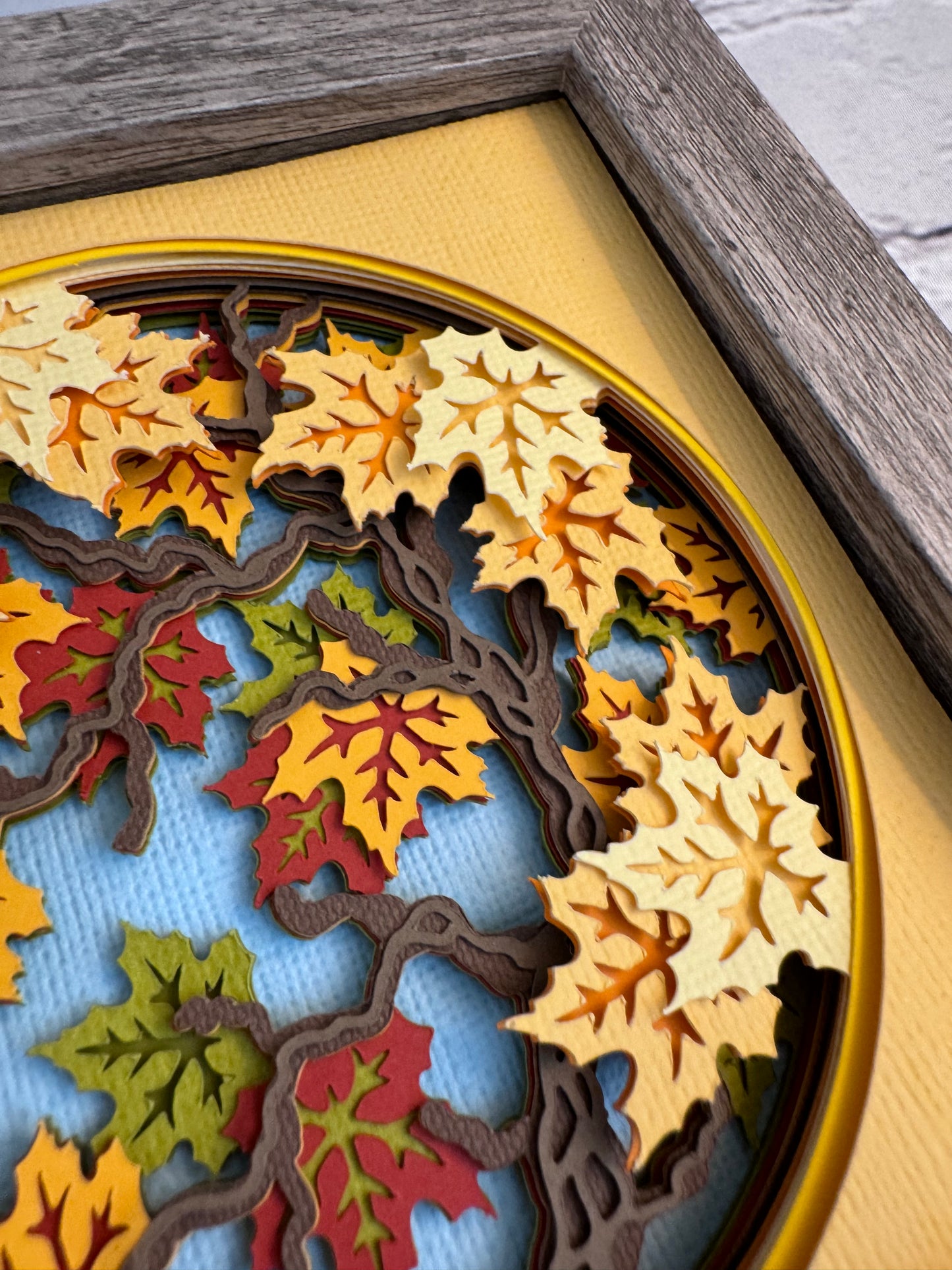 Fall maple tree branch mini 3D paper art in a shadowbox