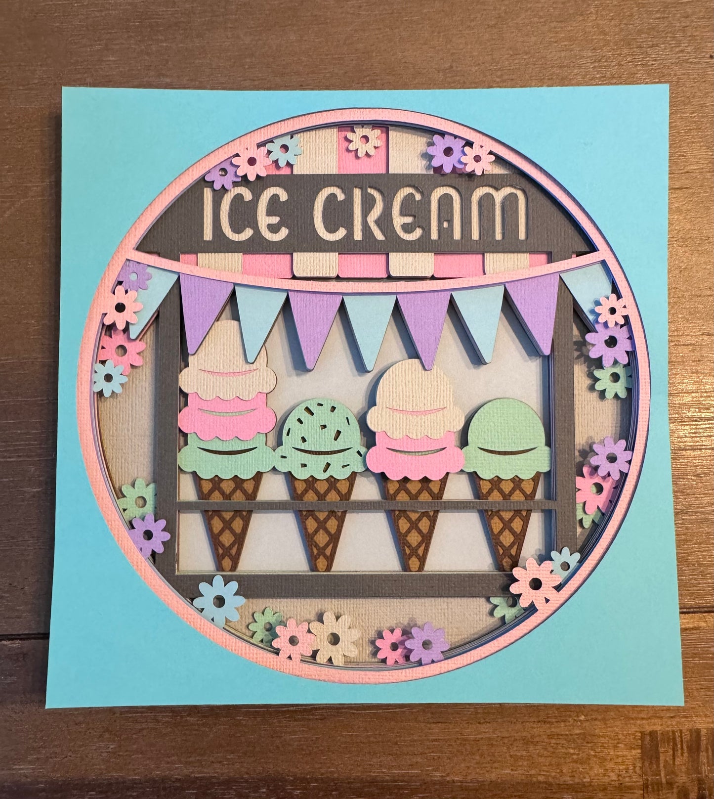 Ice cream shop 3D paper art in a shadowbox