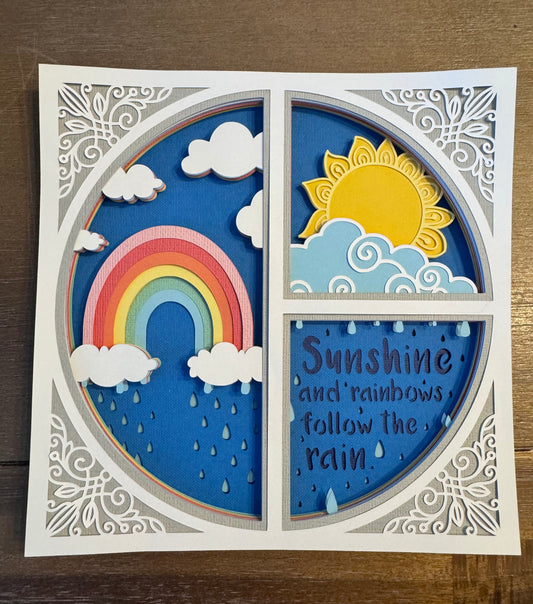 Sunshine and rainbows follow the rain 3D paper art in a shadowbox