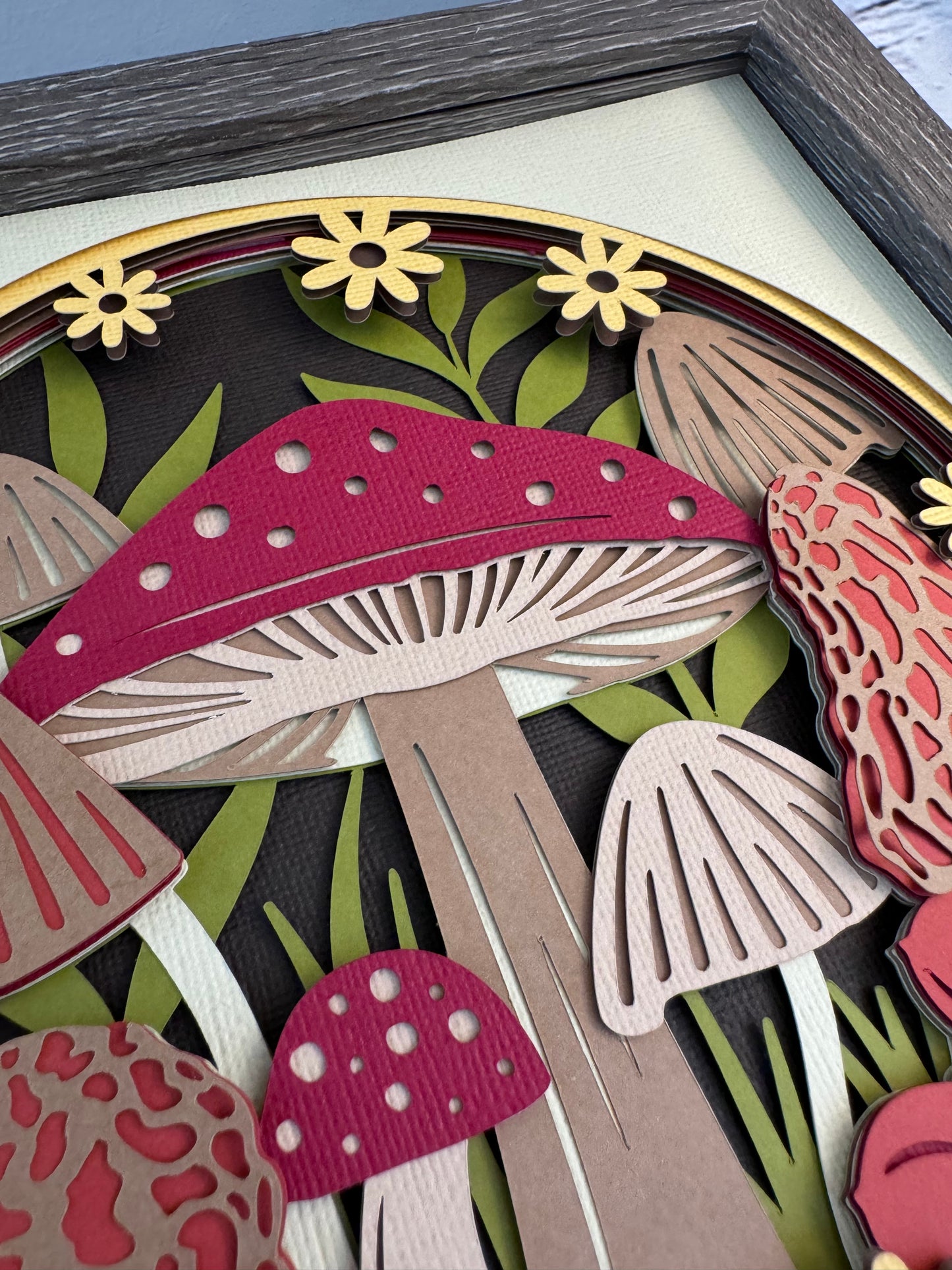 Mushroom fall forest design 3D paper art in a shadowbox