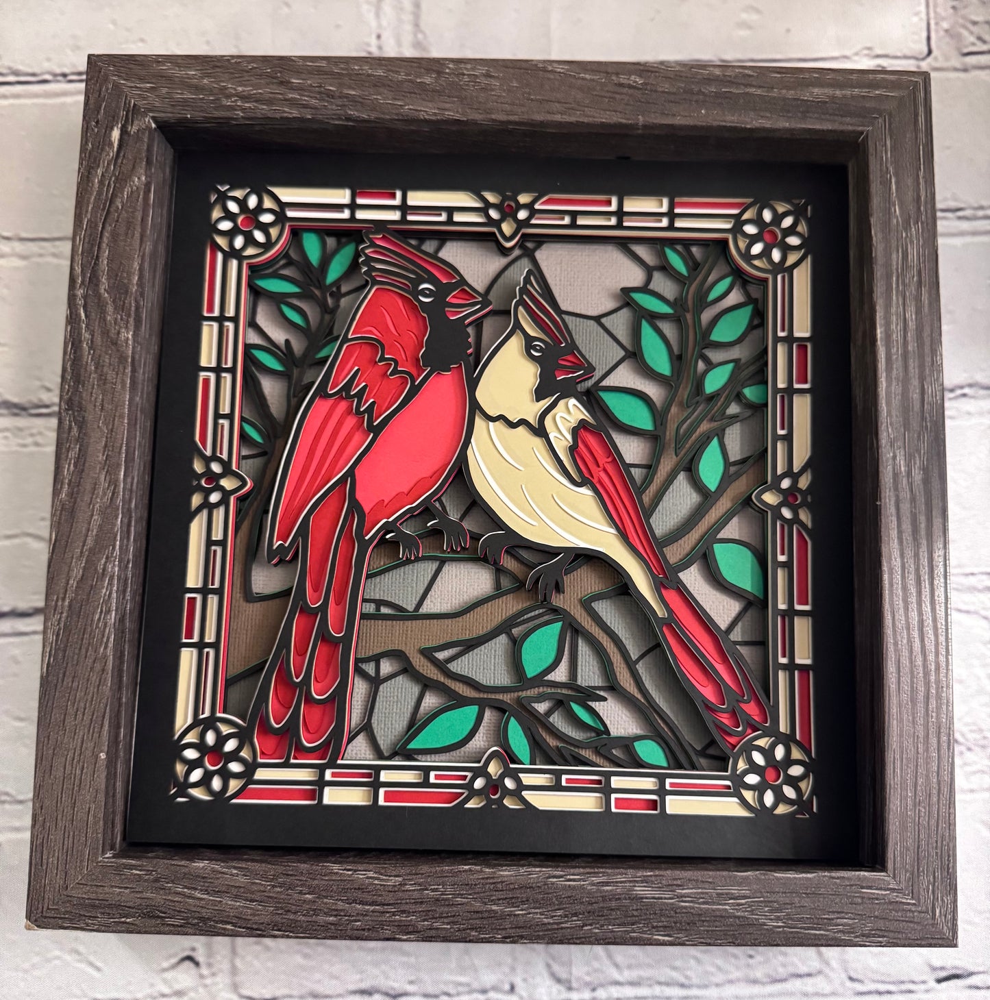 Stained glass cardinals 3D paper art in a shadowbox