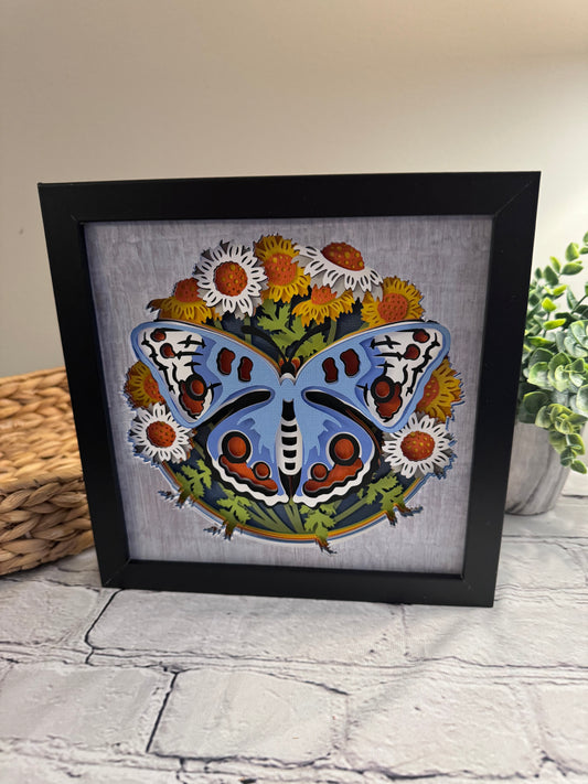 Butterfly solo scene cornflower butterfly 3D paper art in a shadowbox