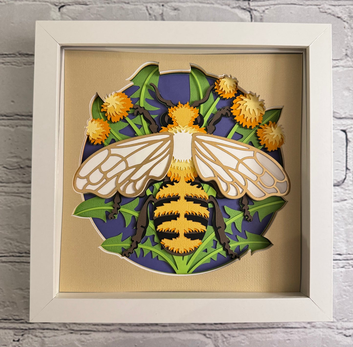 Bee scene large bee 3D paper art in a shadowbox