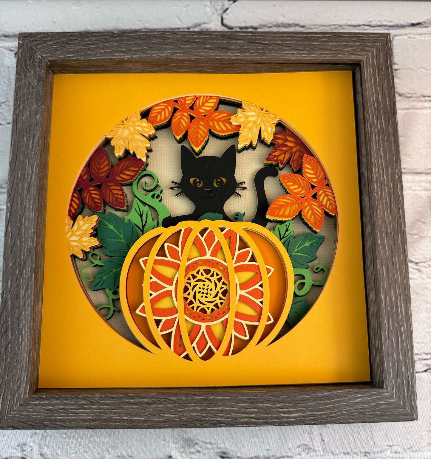 Cat in the pumpkin patch 3D paper art shadowbox