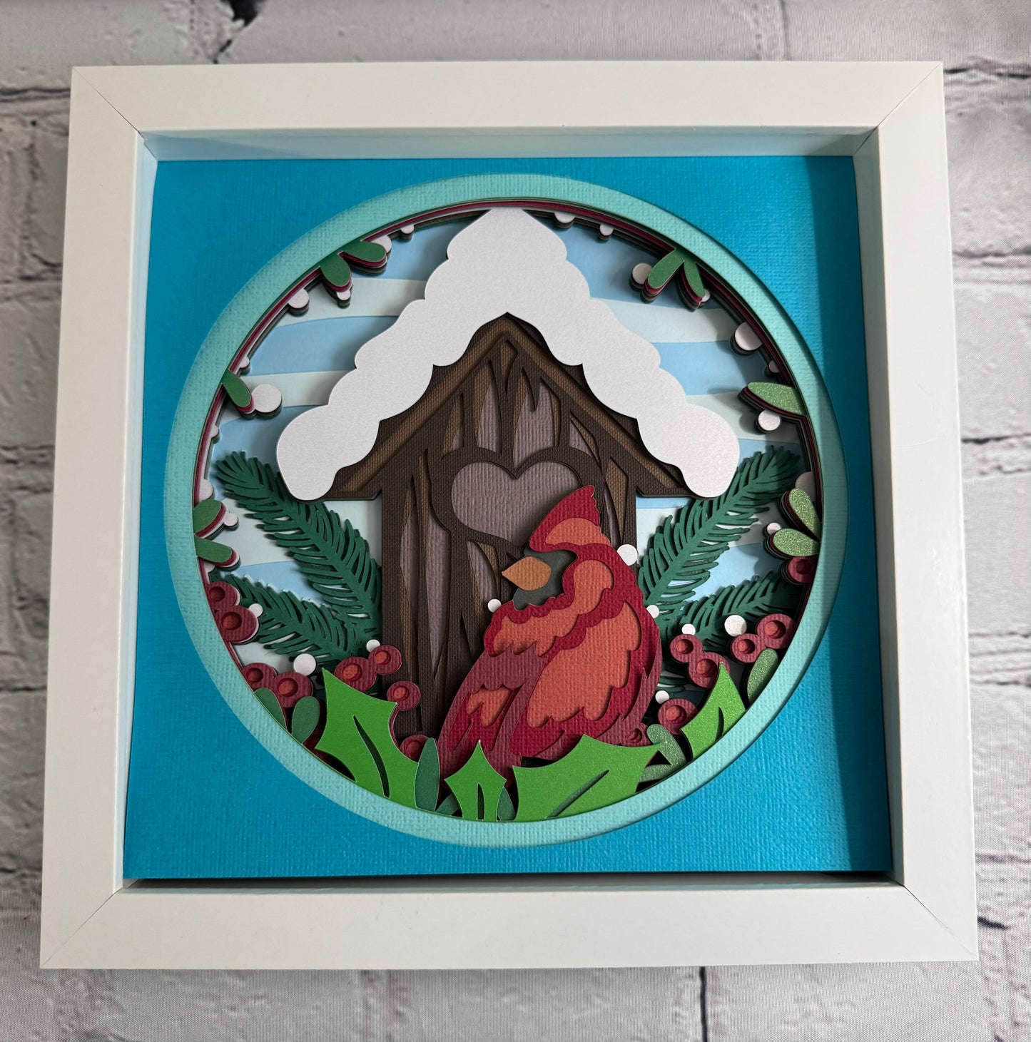 Cardinal with snowy birdhouse 3D paper art shadowbox