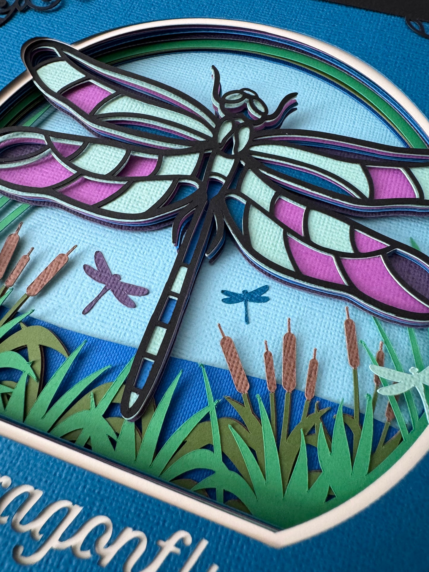 Intricate frame dragonfly 3D paper art in a shadowbox