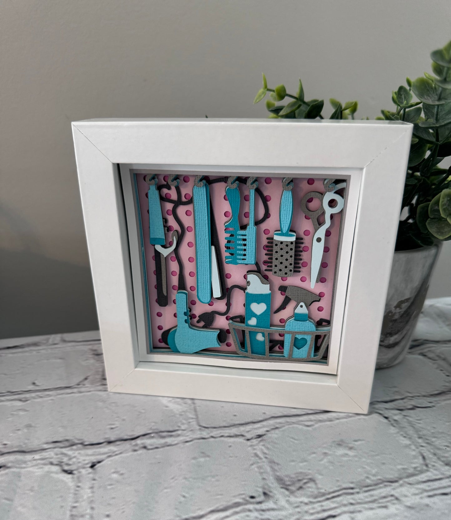 Hair dresser tools mini 3D paper art in a shadowbox