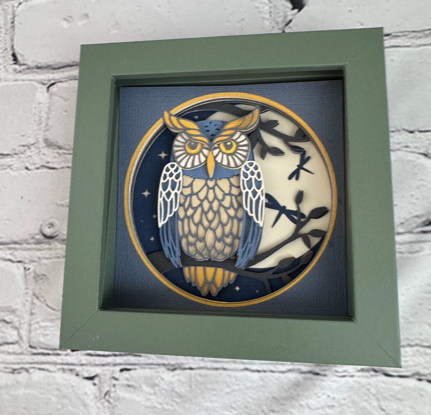 Owl nighttime scene mini 3D paper art in a shadowbox