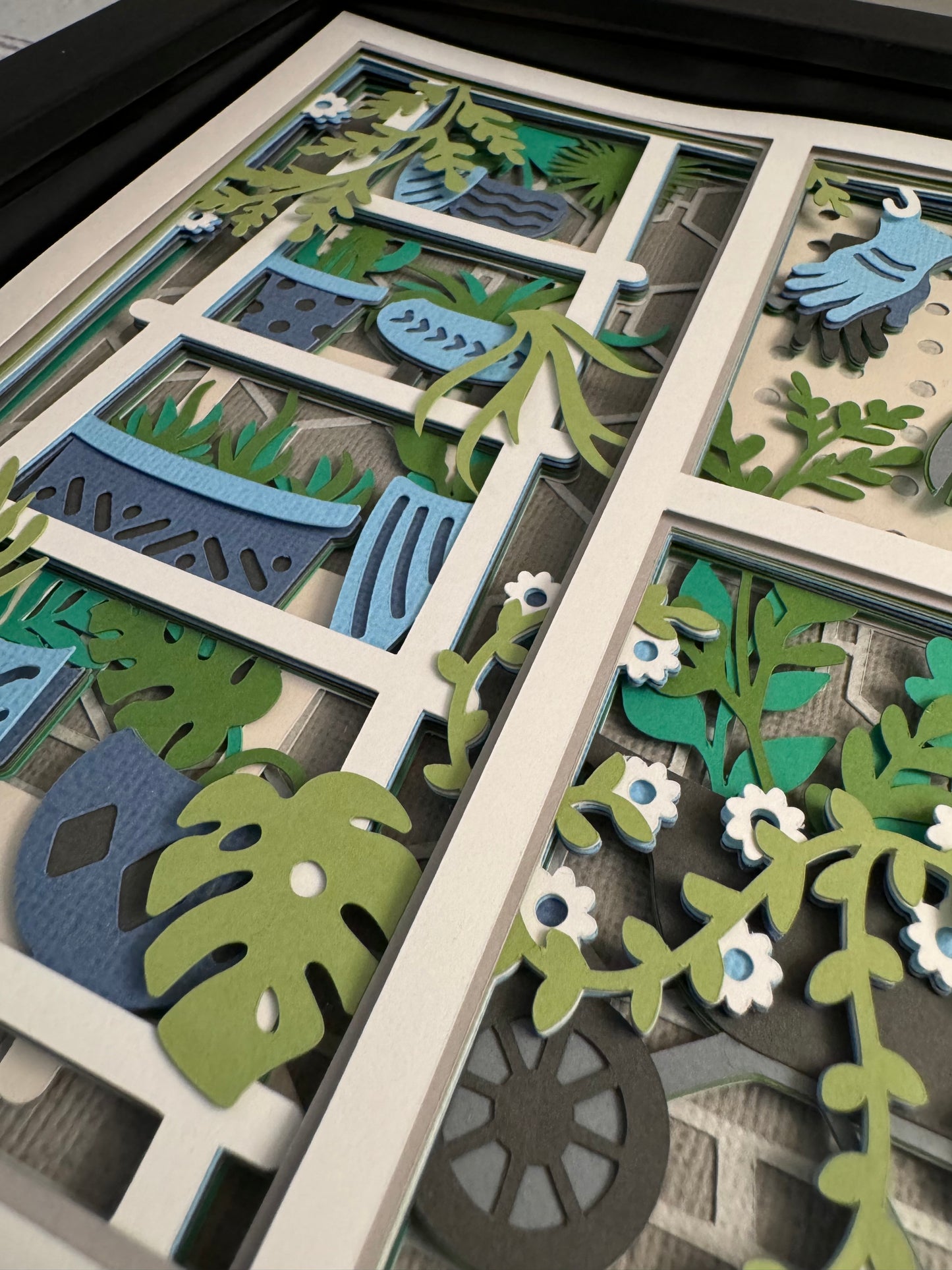 Gardening scene three panel 3D paper art in a shadowbox