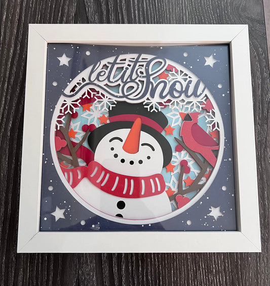 Let it snow snowman and cardinal 3D paper art in a shadowbox