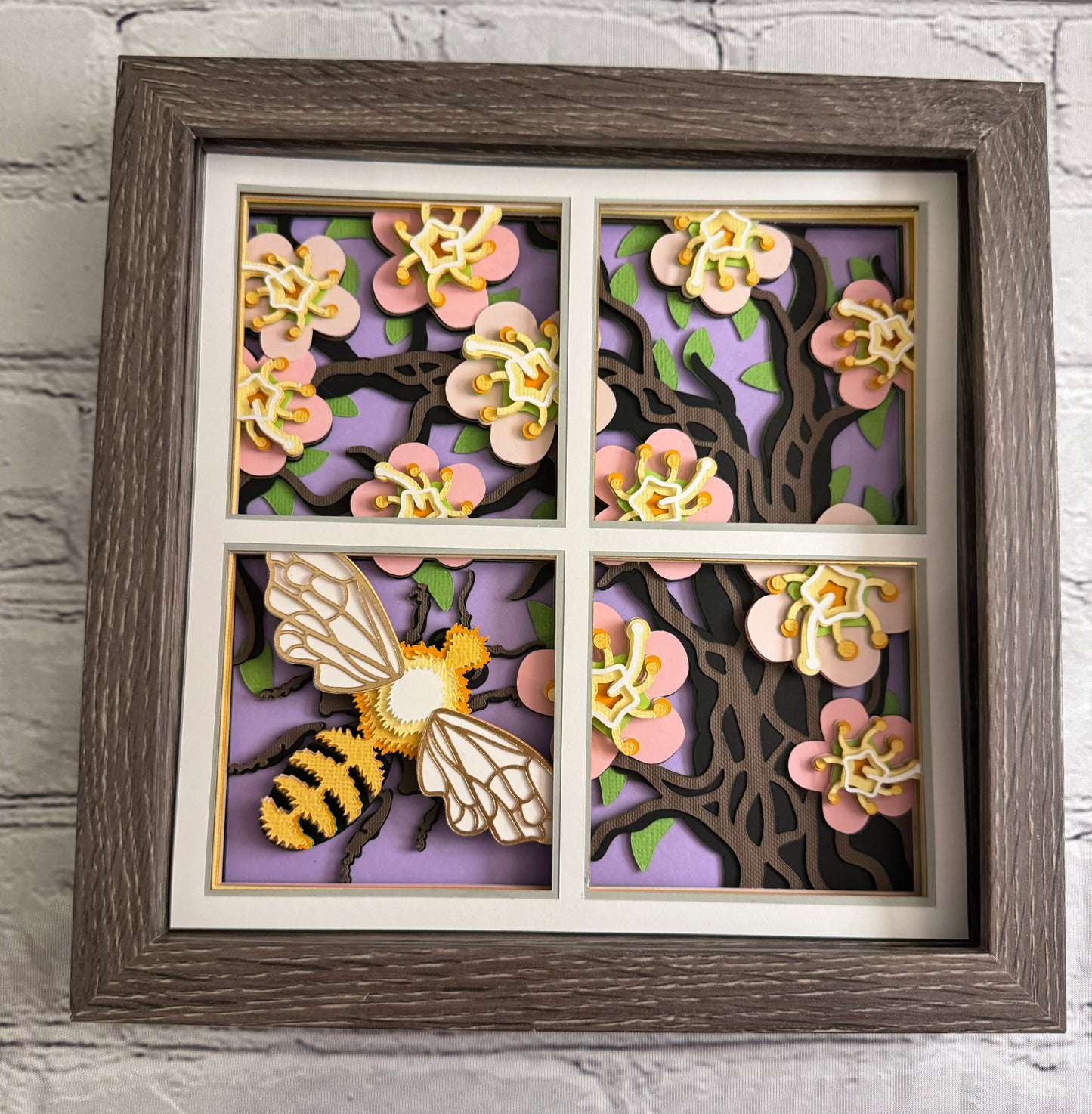 Bee scene bee with floral tree 3D paper art in a shadowbox