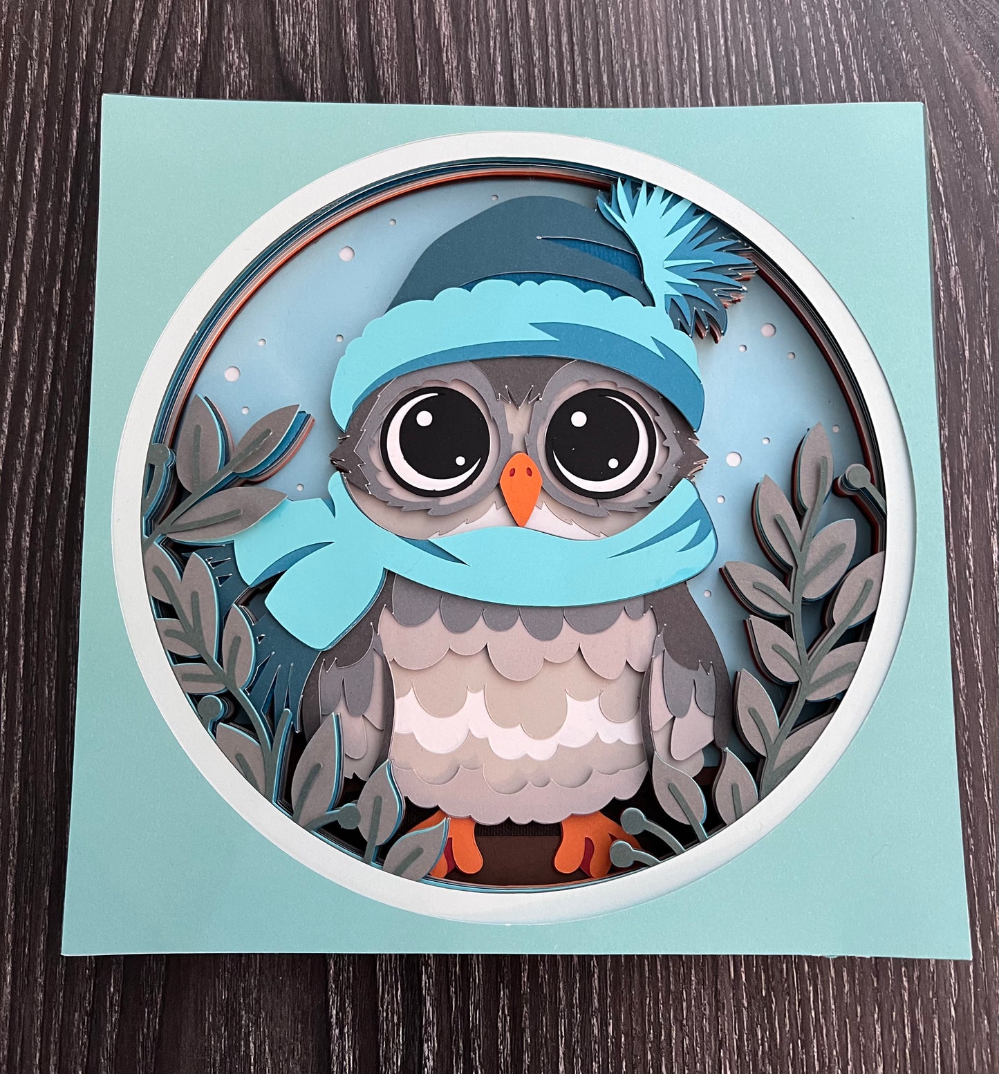 Winter owl 3D paper art in a shadowbox