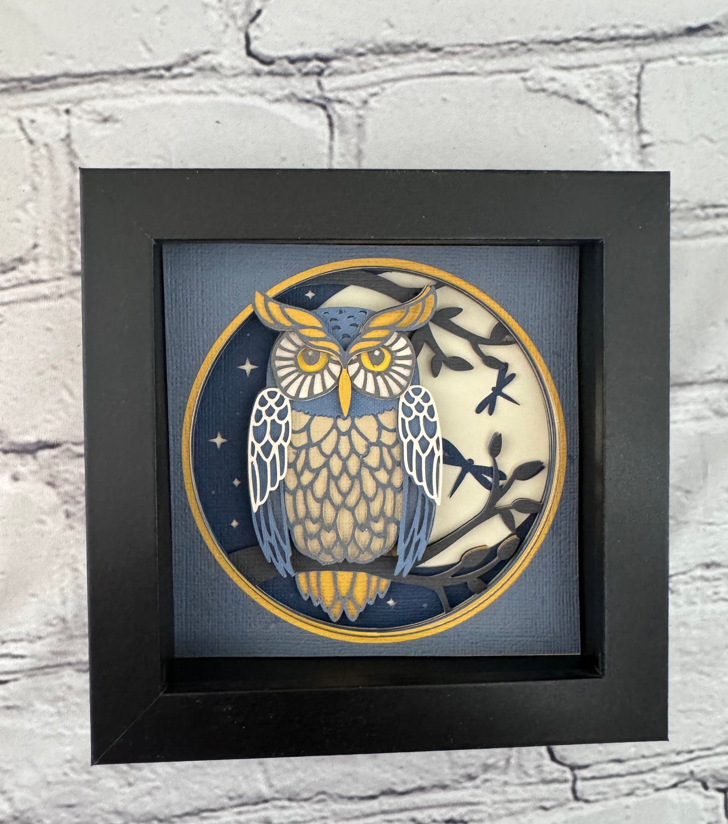 Owl nighttime scene mini 3D paper art in a shadowbox