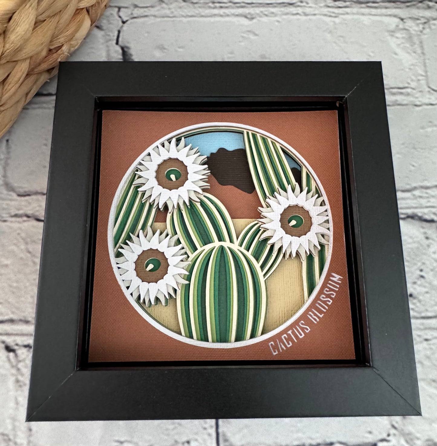 Cactus blossom mini 3D paper art in a shadowbox