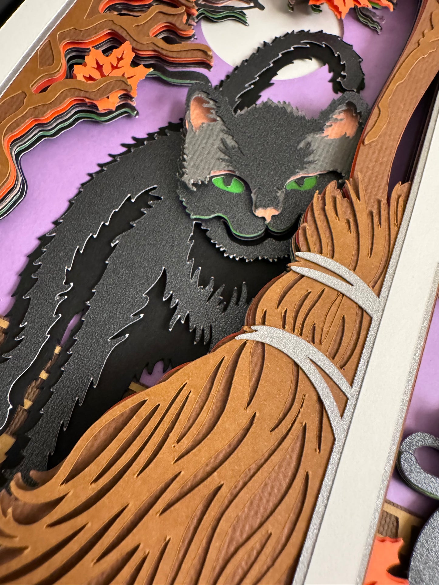 Black cat with broom and potion 3D paper art shadowbox