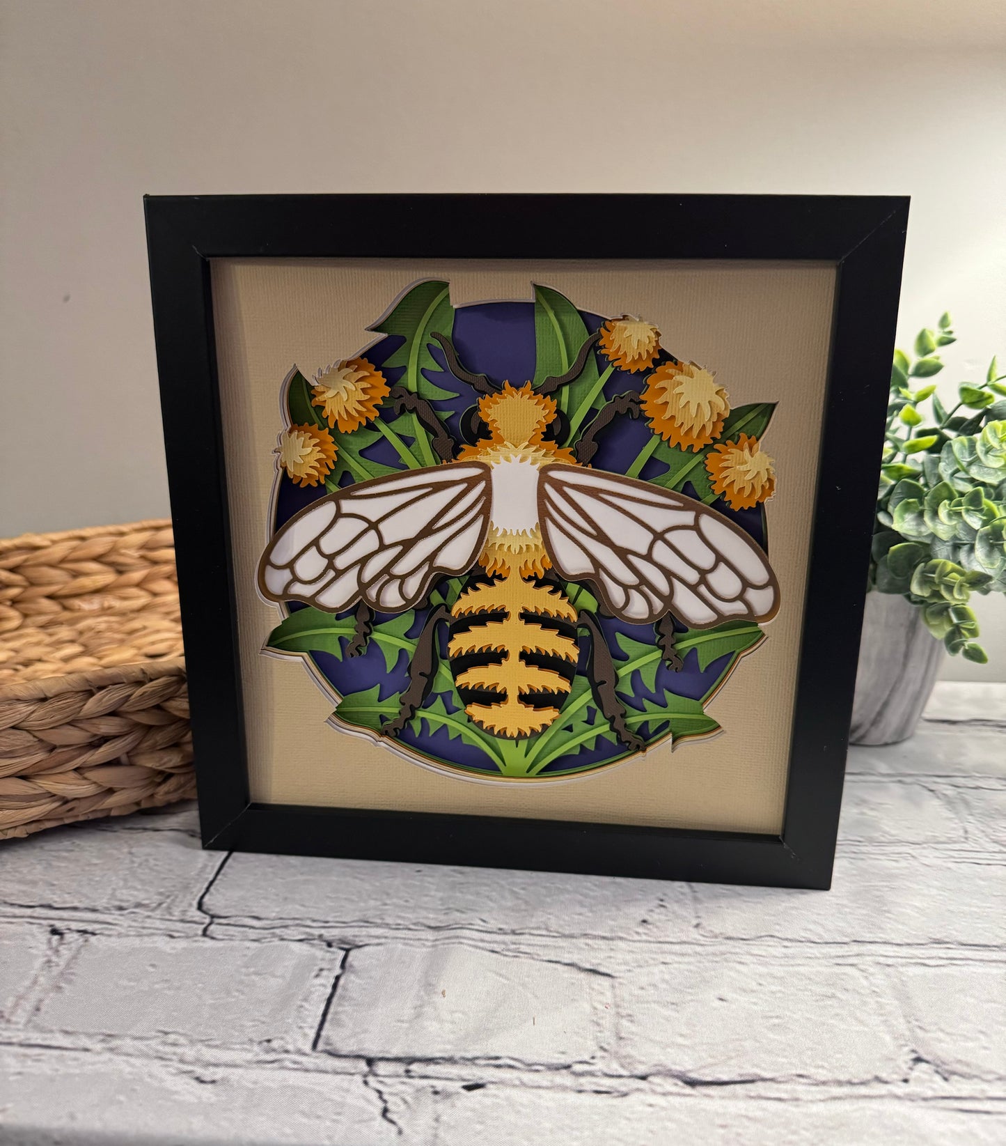 Bee scene large bee 3D paper art in a shadowbox