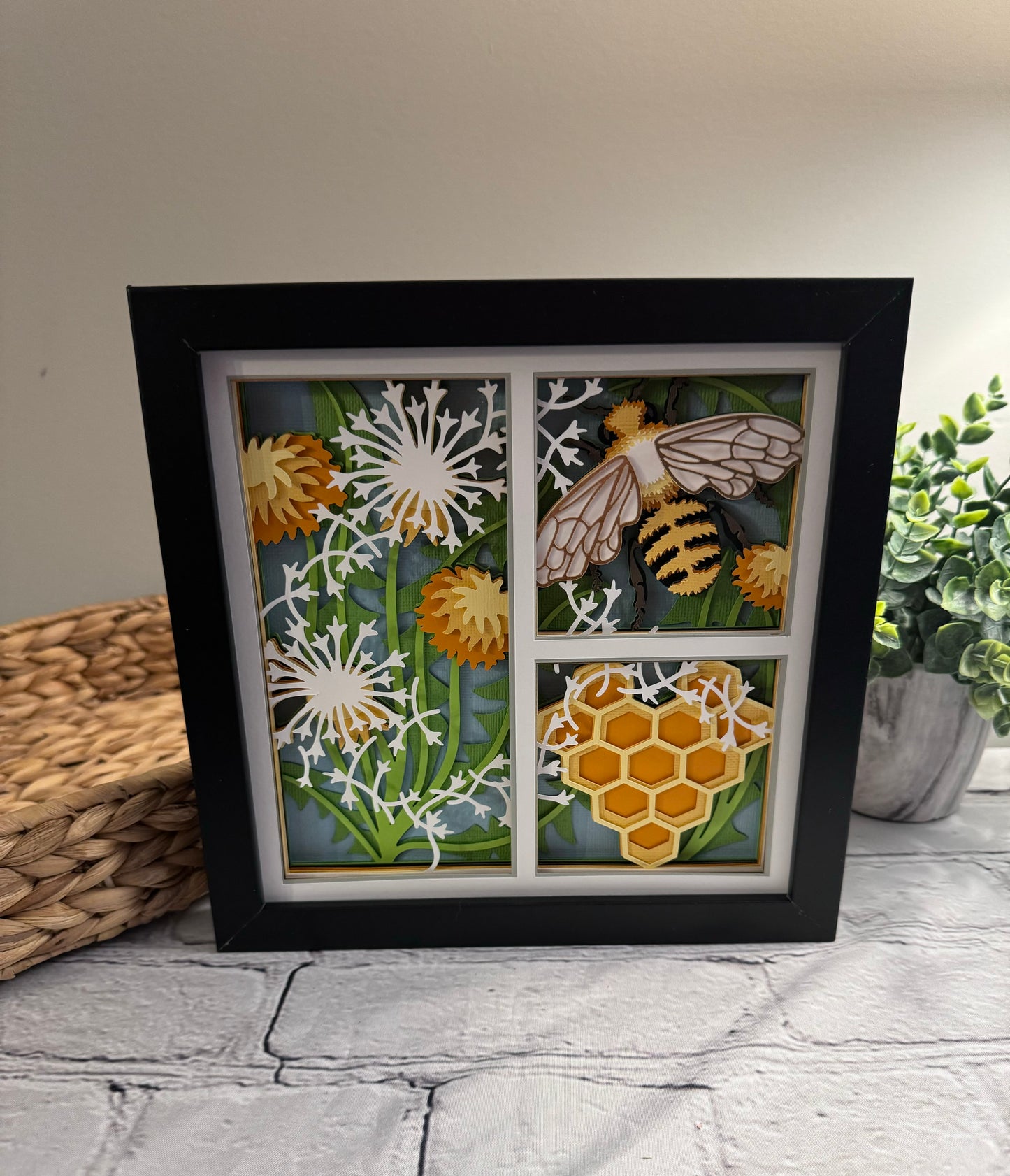 Bee scene three panel design 3D paper art in a shadowbox