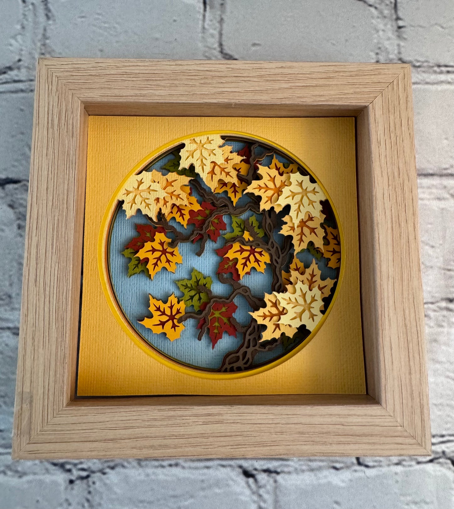 Fall maple tree branch mini 3D paper art in a shadowbox