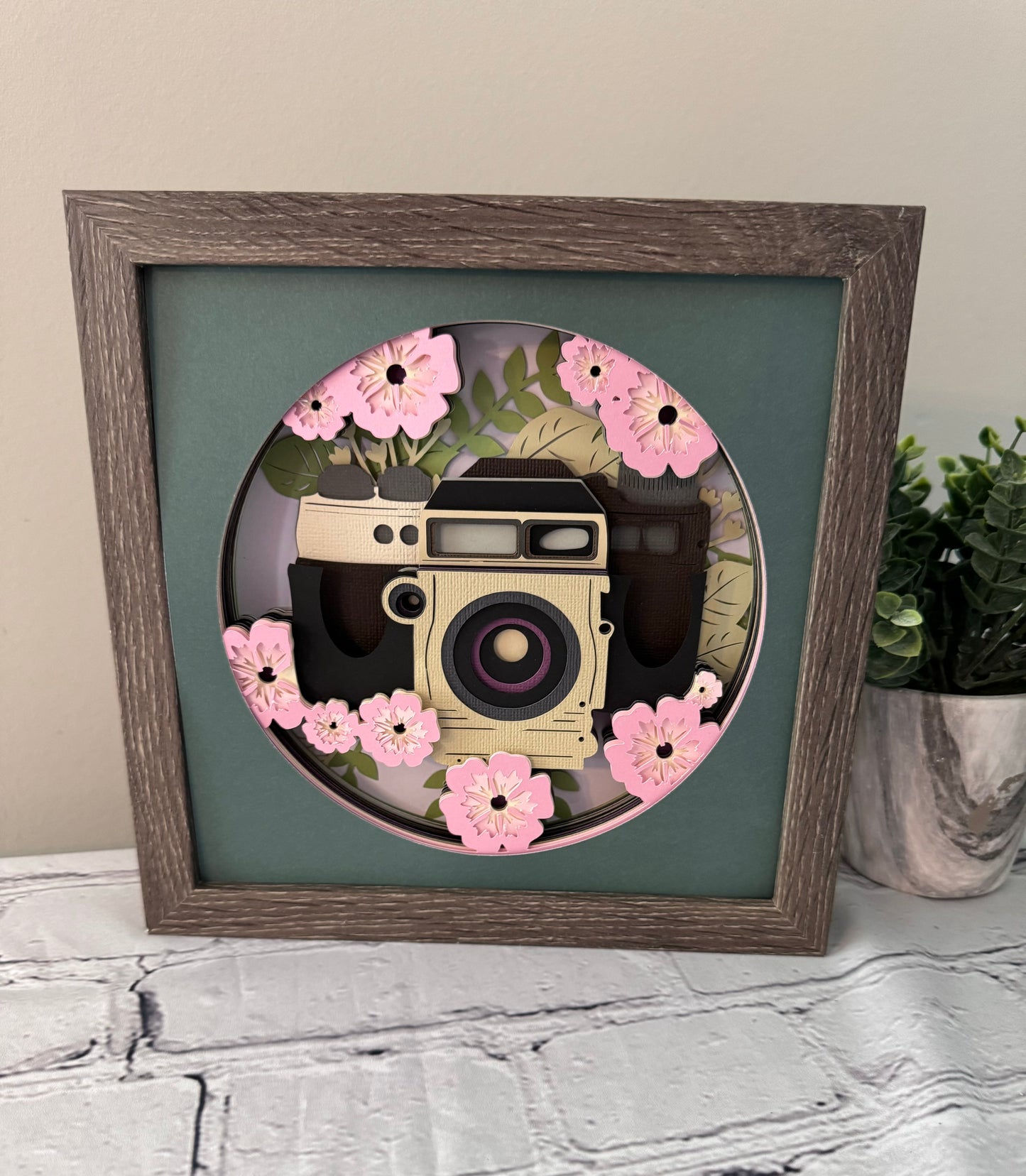 Camera with flowers design 3D paper art in a shadowbox