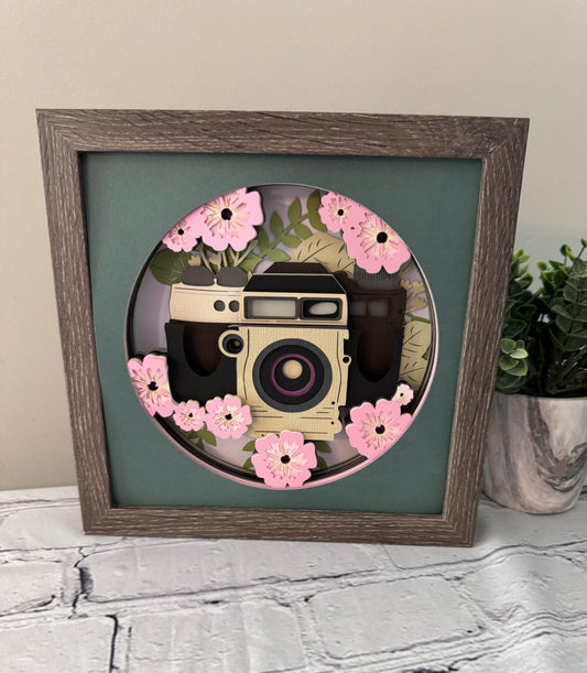 Camera with flowers design 3D paper art in a shadowbox