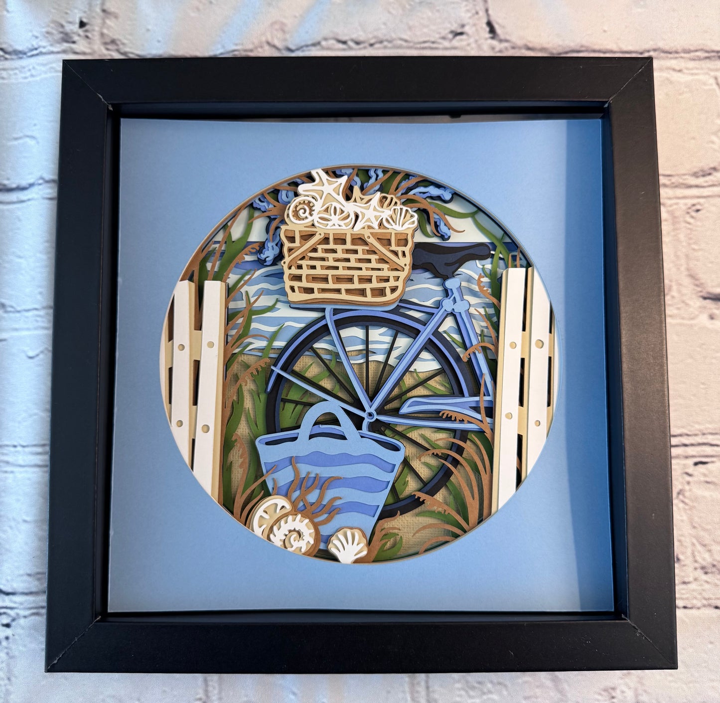 Beach bike and bag 3D paper art in a shadowbox
