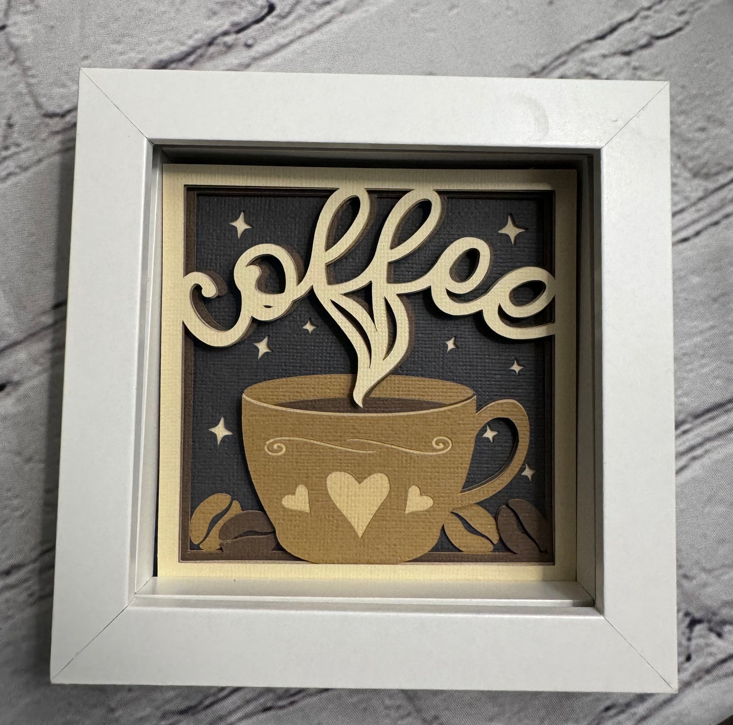 Coffee cup with hearts mini 3D paper art in a shadowbox