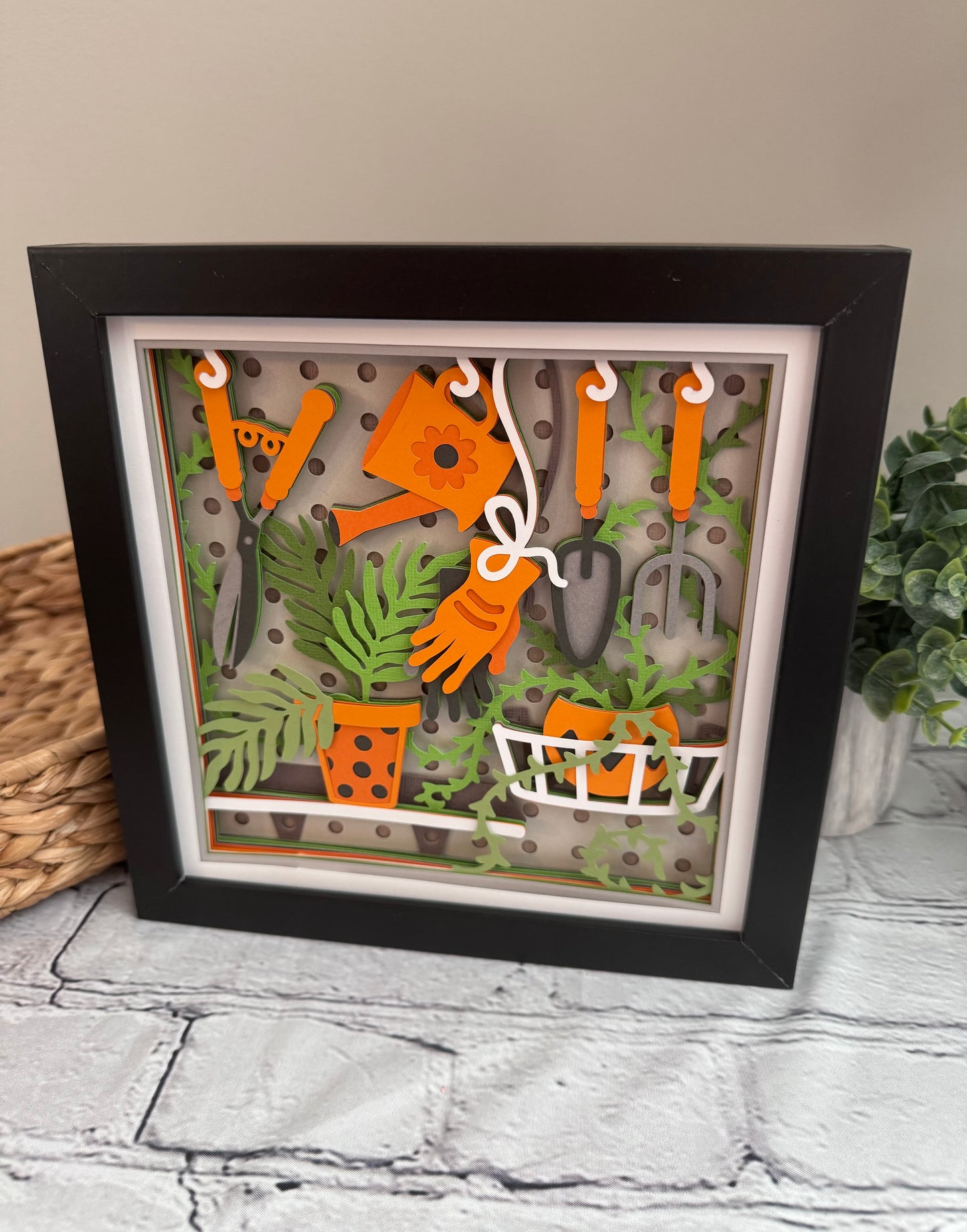 Gardening scene board with tools 3D paper art in a shadowbox