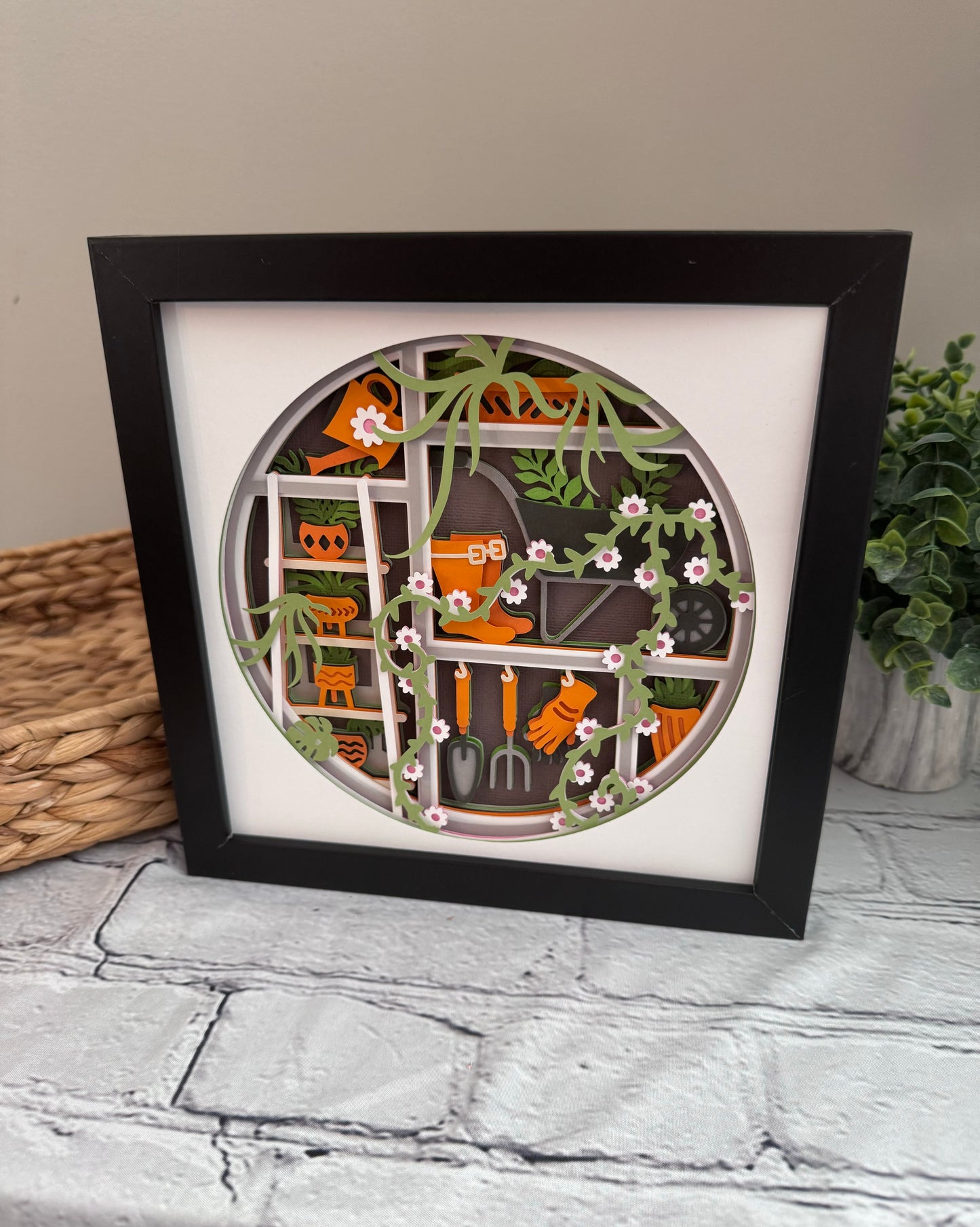 Gardening scene round version 3D paper art in a shadowbox