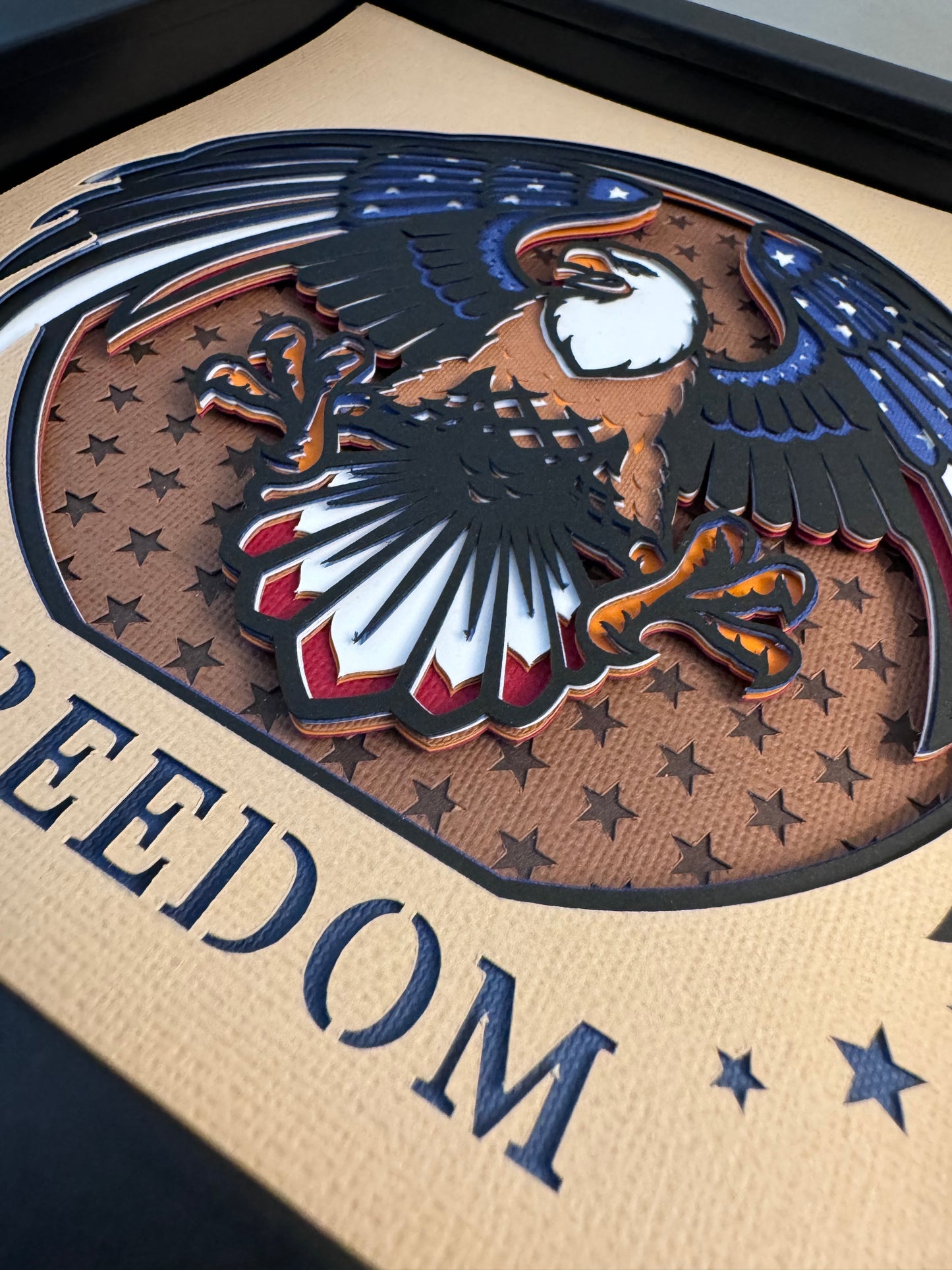 Freedom eagle 3D paper art in a shadowbox