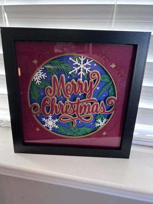 Traditional Merry Christmas 3D paper art in a shadowbox