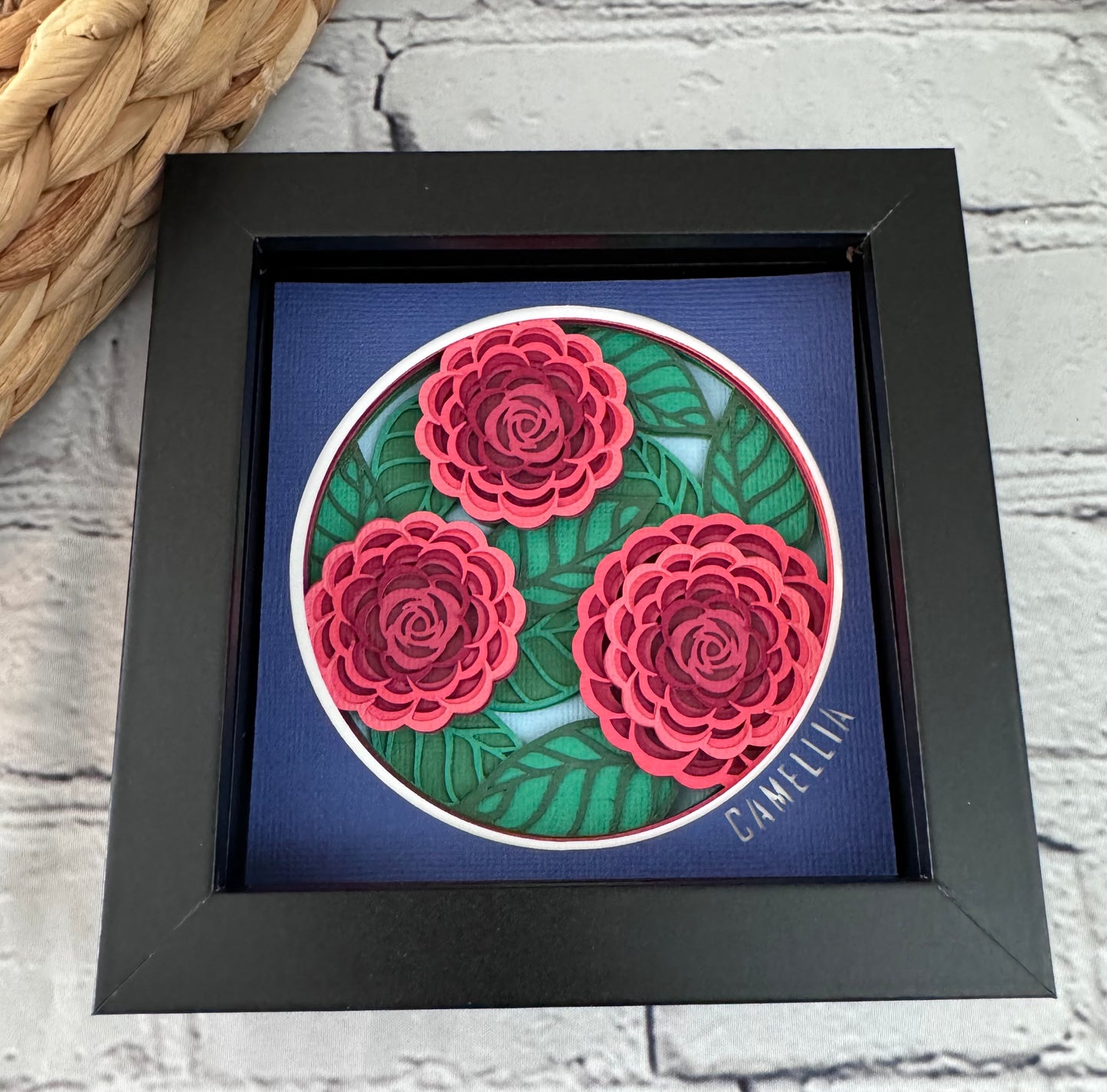 Camellia mini 3D paper art in a shadowbox