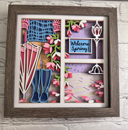 Spring girl with umbrella 3D paper art in a shadowbox
