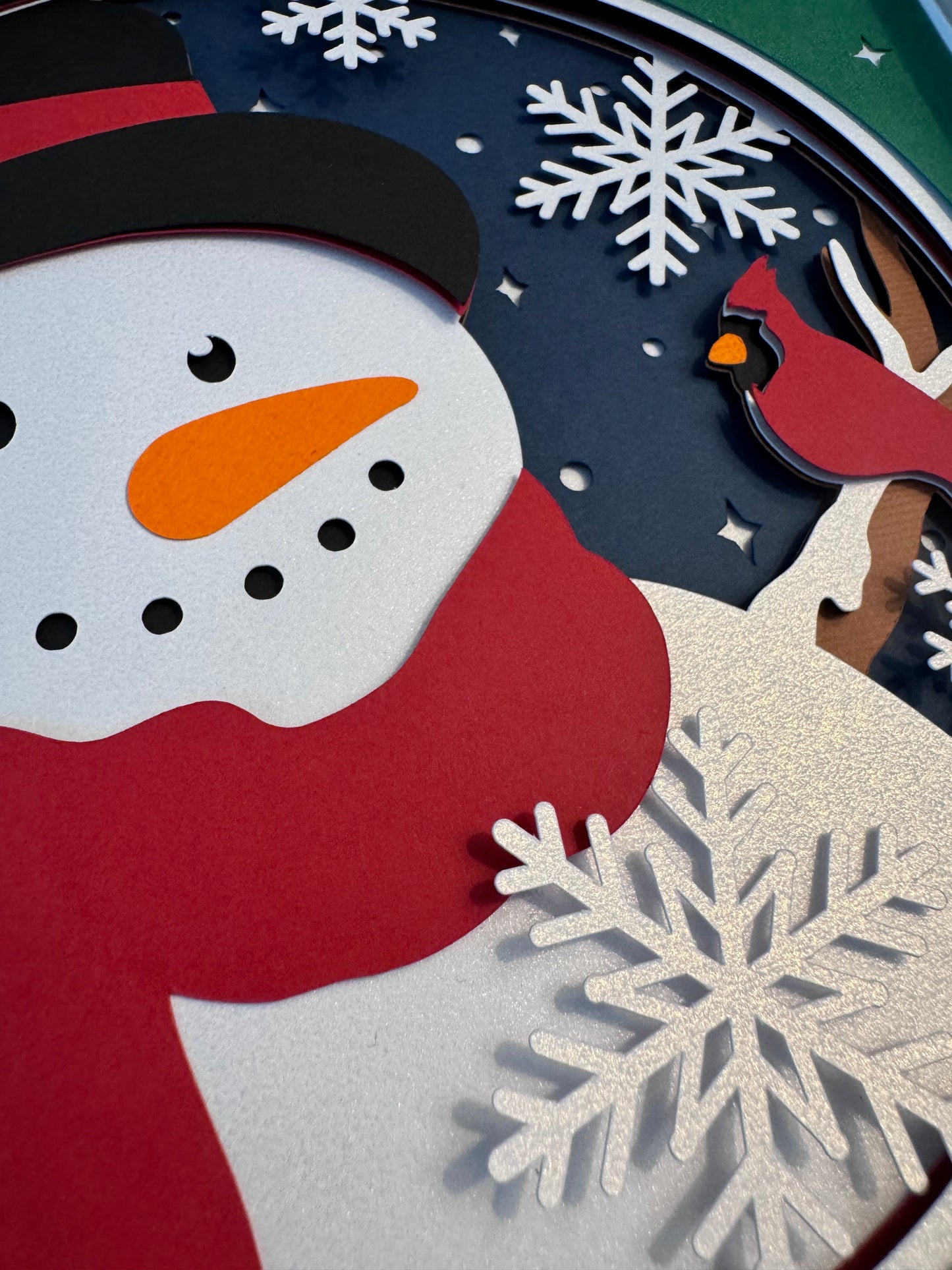 Snowman with cardinal close up 3D paper art shadowbox