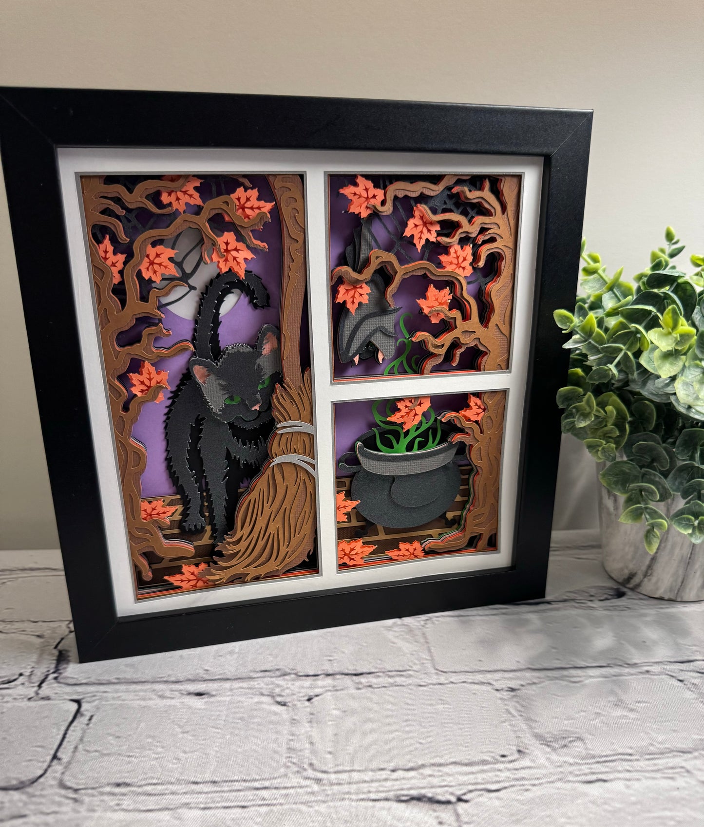 Black cat with broom and potion 3D paper art shadowbox