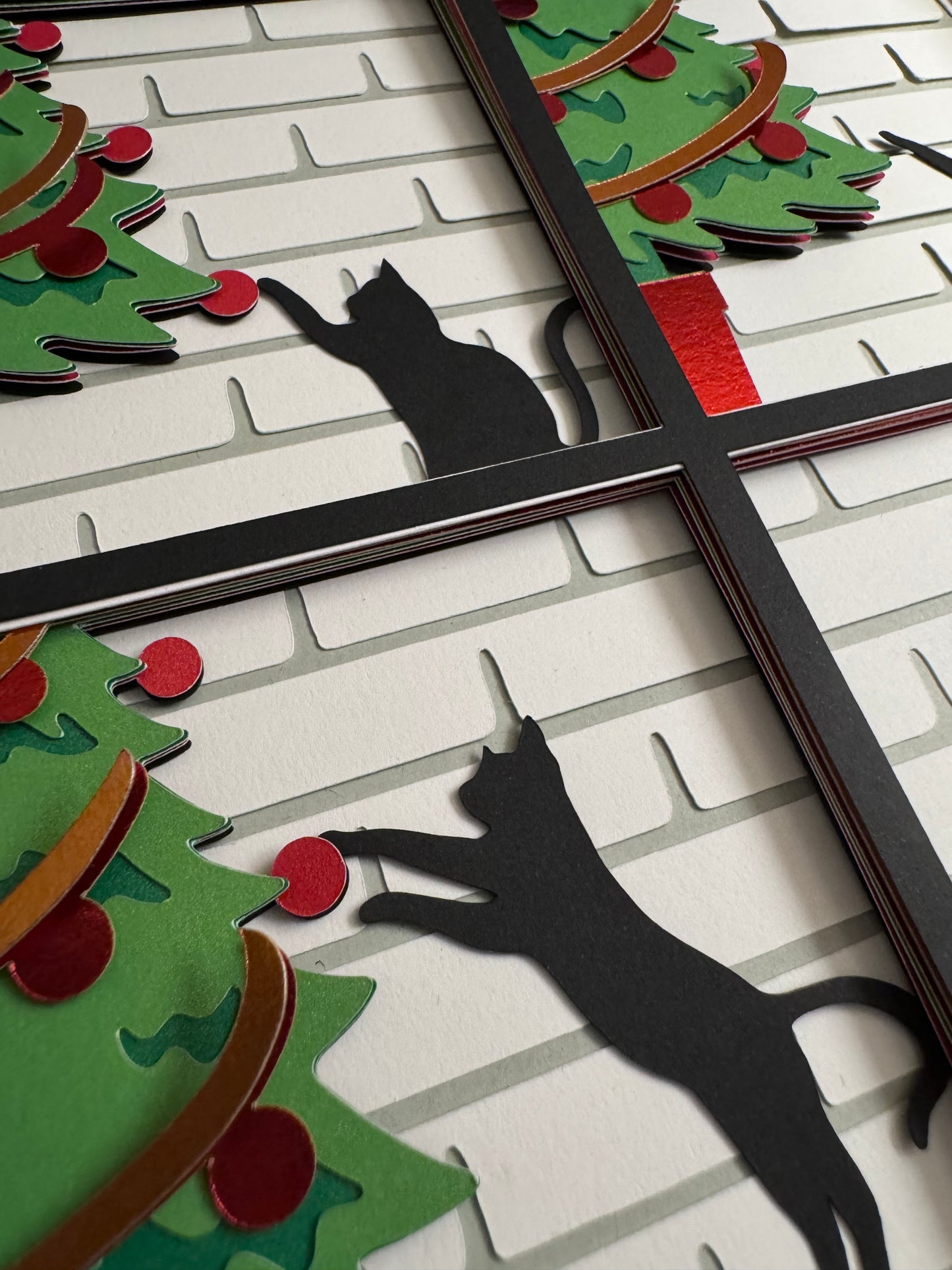 Crazy cat with Christmas tree 3D paper art shadowbox