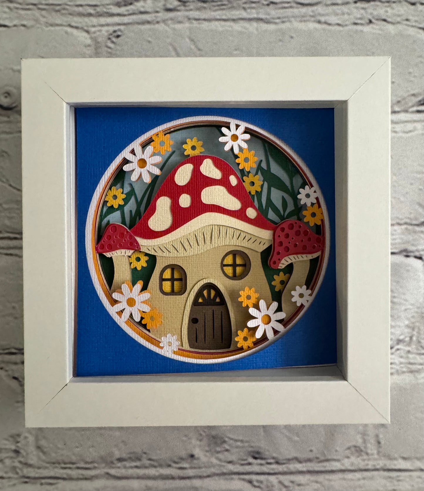 Mushroom house mini 3D paper art in a shadowbox