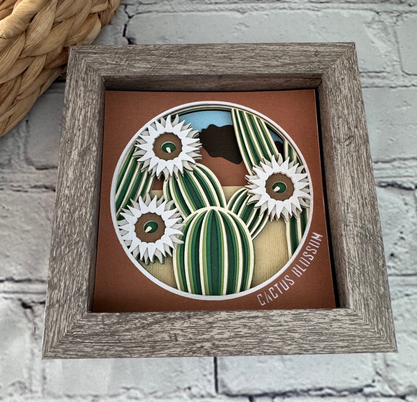 Cactus blossom mini 3D paper art in a shadowbox