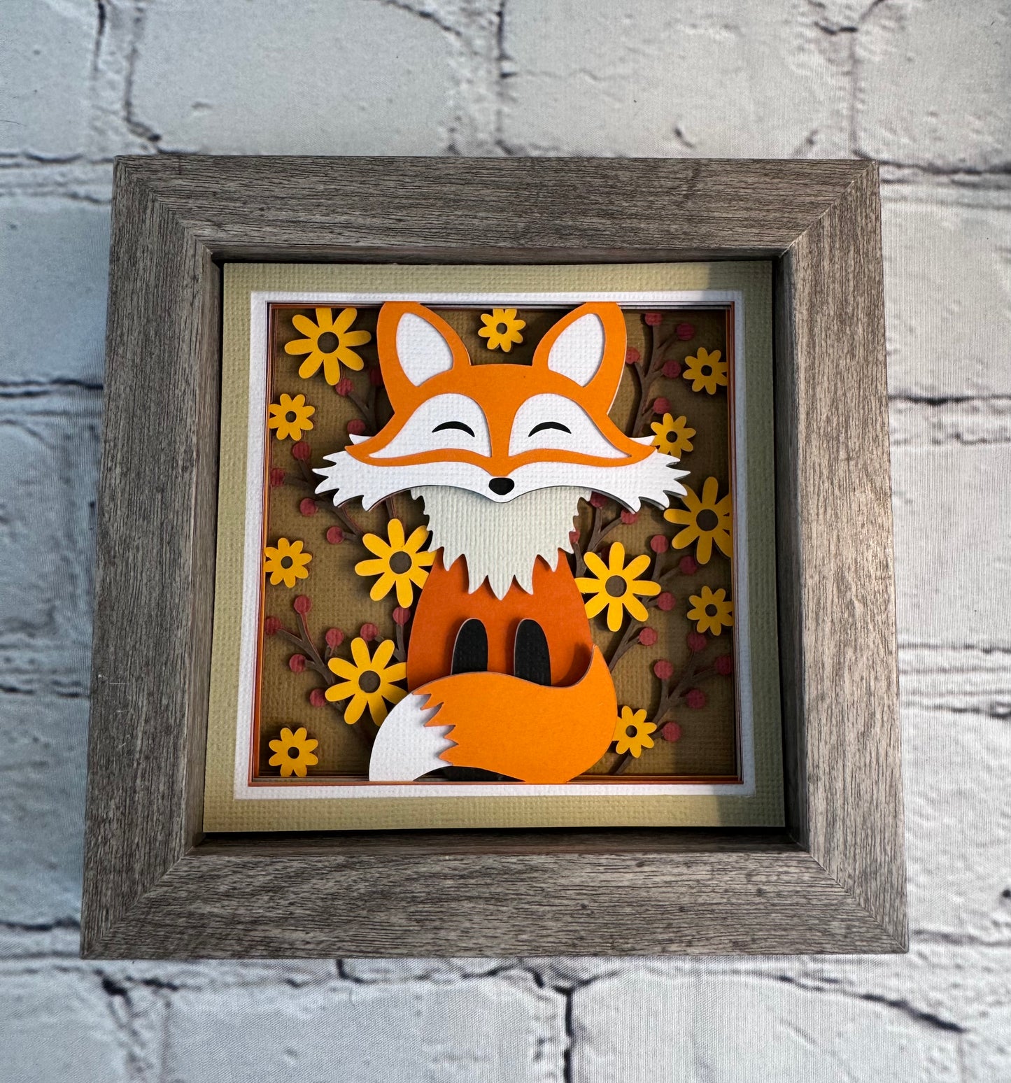 Fall fox mini 3D paper art in a shadowbox