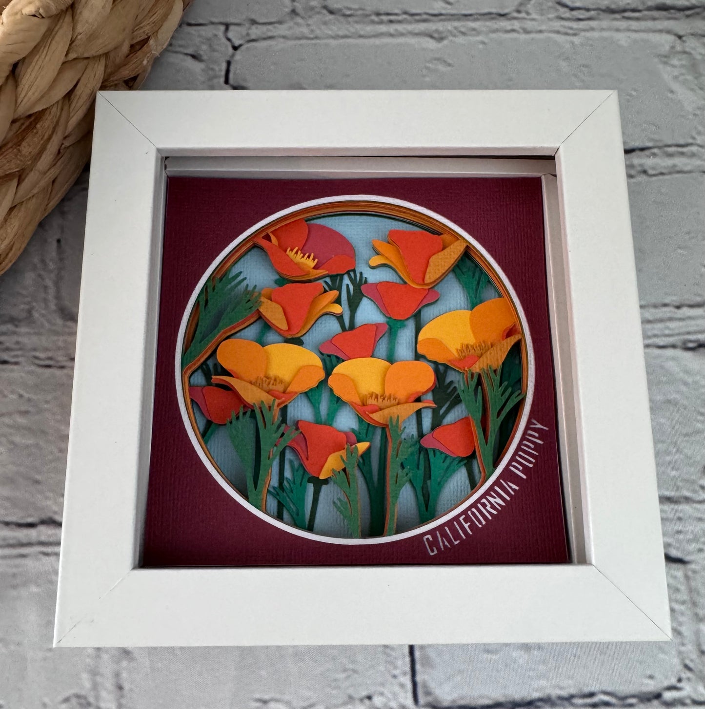 California poppy mini 3D paper art in a shadowbox