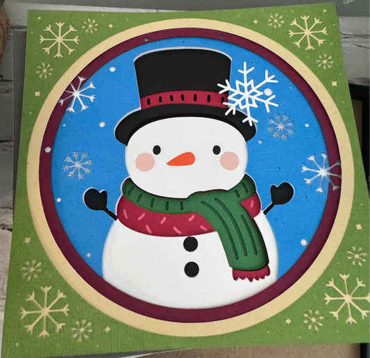 Snowman with scarf close up 3D paper art in a shadowbox