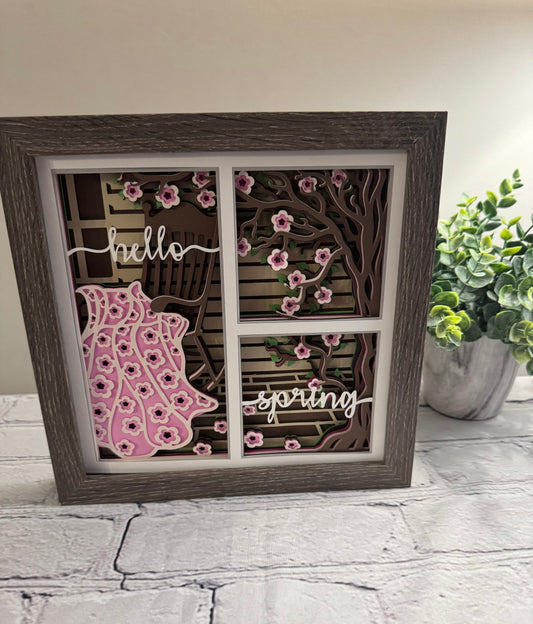 Spring porch scene with blanket 3D paper art in a shadowbox